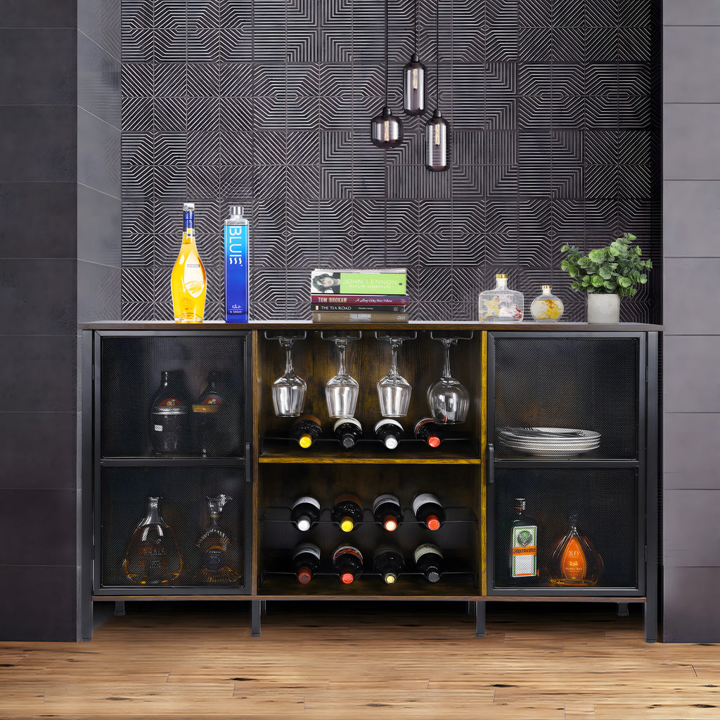 Coffee Bar Cabinet 55 Inch Wooden Farmhouse Liquor Bar Cabinet with Glass Holder & Sliding Wine Racks