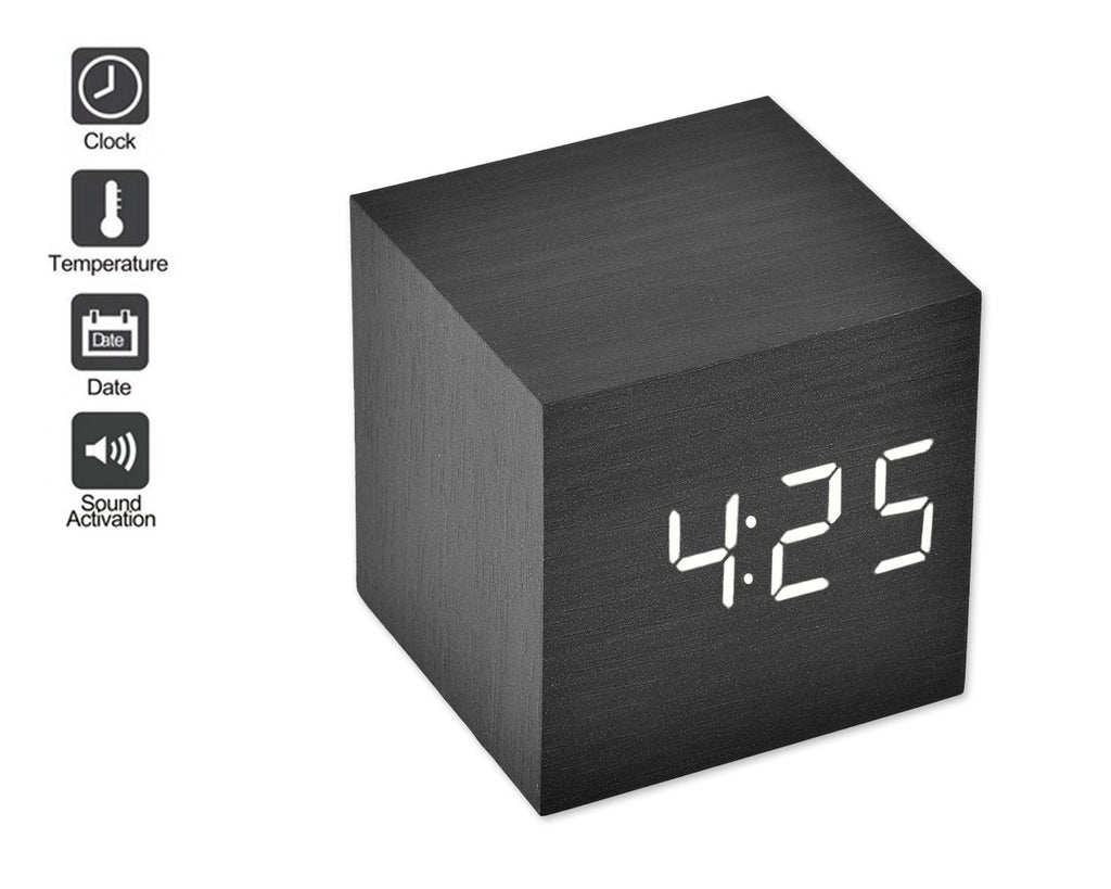 Wood Cube LED Alarm Clock with Date Time Temperature