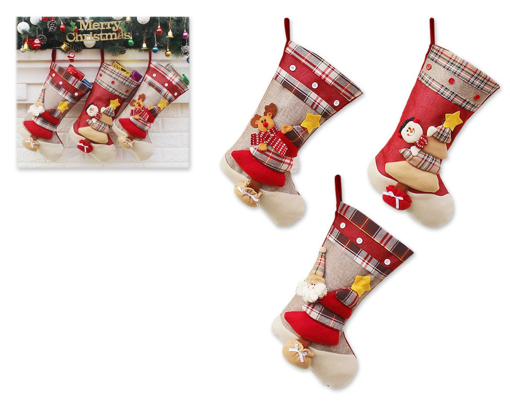 3 Pieces Grid Pattern Christmas Stockings - Red