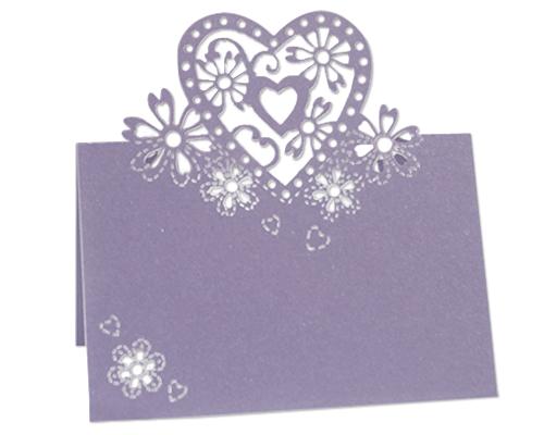 Laser Cut Love Heart Wedding Table Place Card - Purple