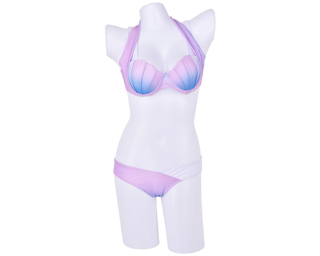Purple Color Shell Design Bra Halter Bikini Set - A