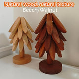 Wooden Tree Trivet Set Foldable Stand Walnut