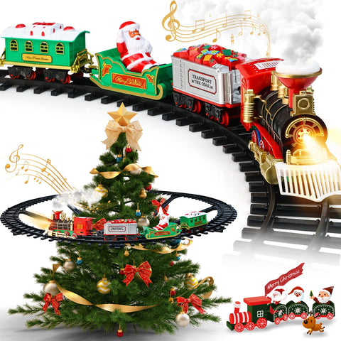 Christmas Train Set Around Tree Smoke Lights