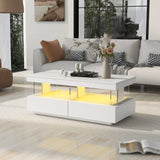 Modern Coffee Table for Living Room 39 Inch 16 Color LED Lights High Gloss Coffee Table with 2 Drawers and Open Storage Space