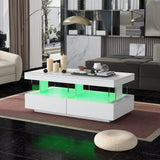 Modern Coffee Table for Living Room 39 Inch 16 Color LED Lights High Gloss Coffee Table with 2 Drawers and Open Storage Space