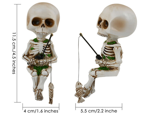 Fishing Skeleton Statue 4.5 Inch Mini Skull Figurines Halloween Gothic Decor Resin Cute Skull Fisher Sculpture