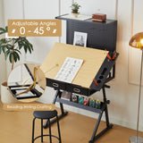 Drafting Table with Metal Peg Board Height Adjustable 0-70° Tilting Tabletop Art Desk for Adults Comes with Chair, Side Tray, and 2 Storage Drawers