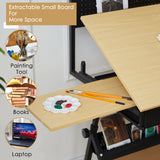 Drafting Table with Metal Peg Board Height Adjustable 0-70° Tilting Tabletop Art Desk for Adults Comes with Chair, Side Tray, and 2 Storage Drawers