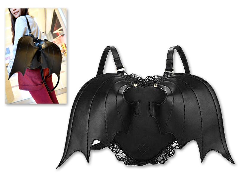 Gothic Bat Wings Heart-shaped Lace Backpack - Black