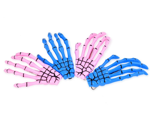 2 Pairs Gothic Skeleton Hands Bone Hair Clips - Blue and Pink
