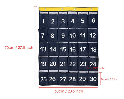Classroom Pocket Chart 30 Pockets Hanging Organizer with 4 Hooks - Dark Blue
