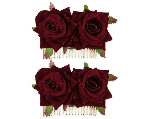 Rose Flower Hair Comb 2 Pieces Bridal Headpiece for Wedding - Wine Red