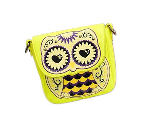 Cartoon Owl Print PU Leather Shoulder Bag - Yellow
