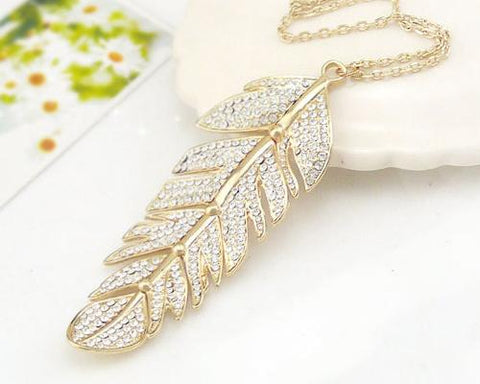 Charming Feather Crystal Necklace - Gold
